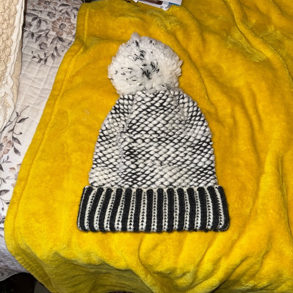 Free People Black and White Knit Pom-Pom Hat